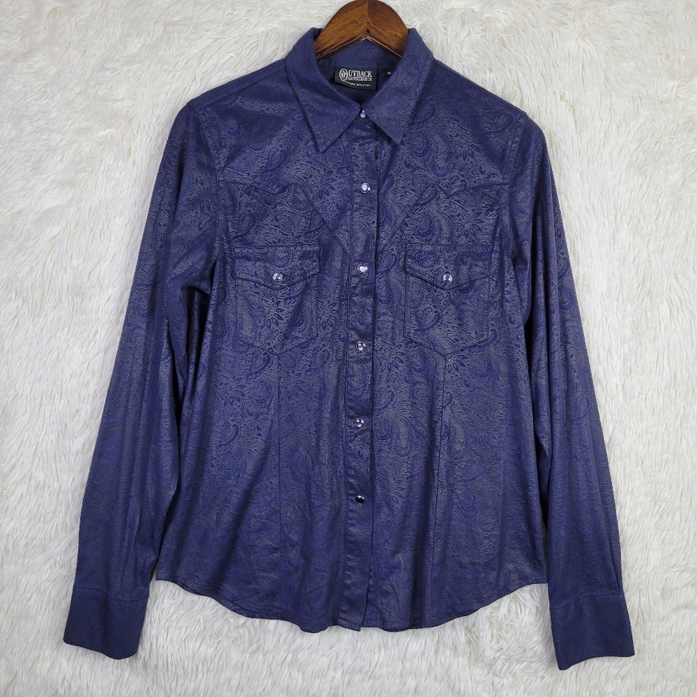 Outback Trading Co Blue Paisley Willows Sueded Pearl Snap Shirt‎ Mens M Western
